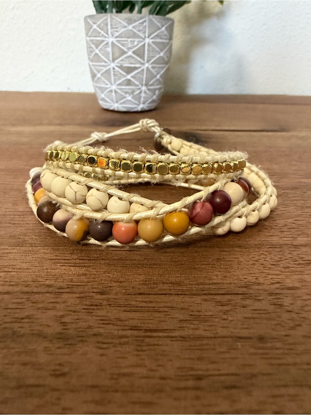 Boho Multi-Strand Beaded Wrap Bracelet in Cream and Earth Tones